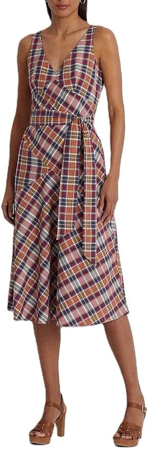 Lauren Ralph Lauren Belted Cotton Madras S Burgundynavy Multi 0 2 4 8 10 16 18