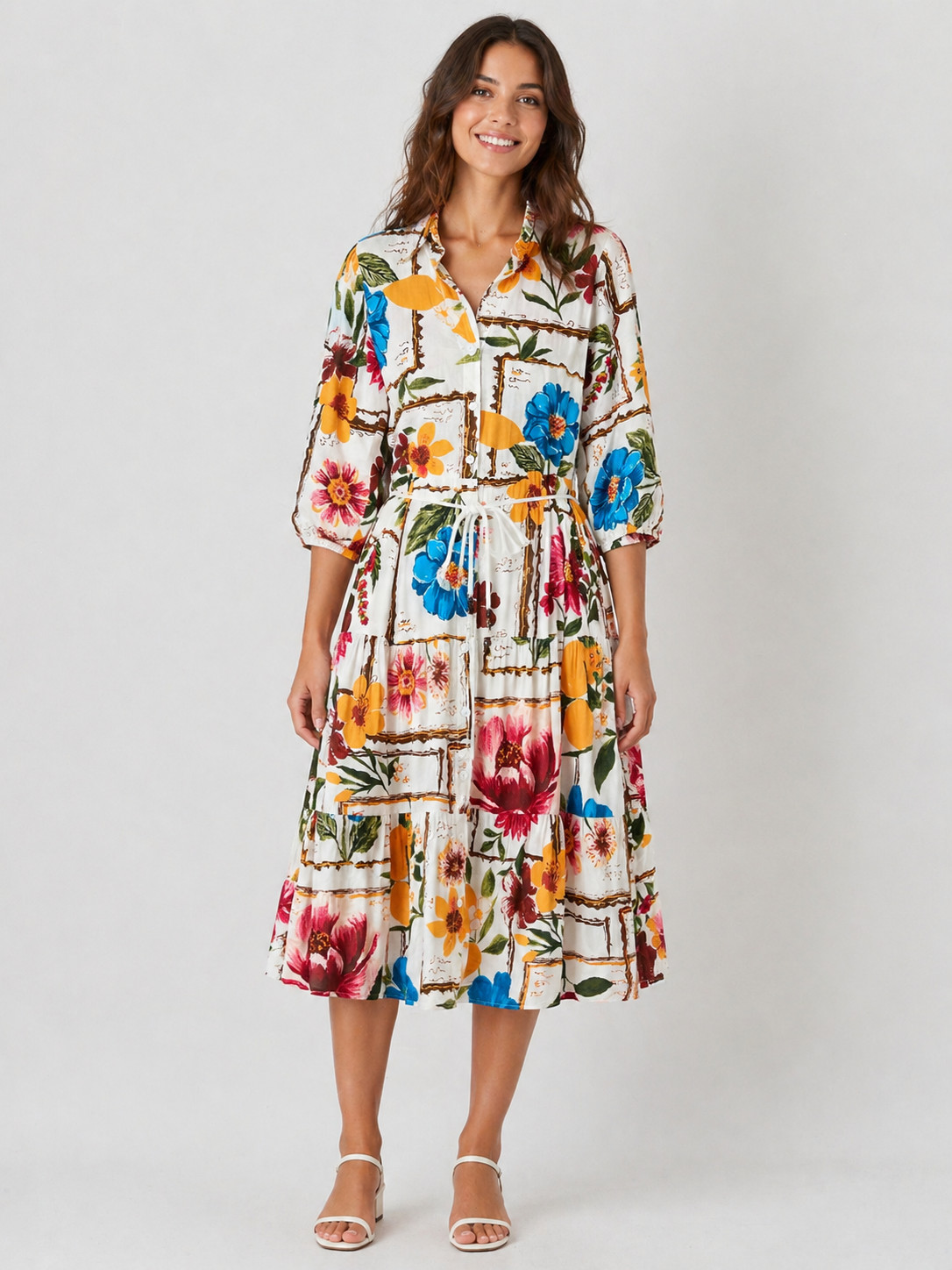 Mlle Gabrielle Womens cotton floral button down notch neck 3/4 sleeve Dress .