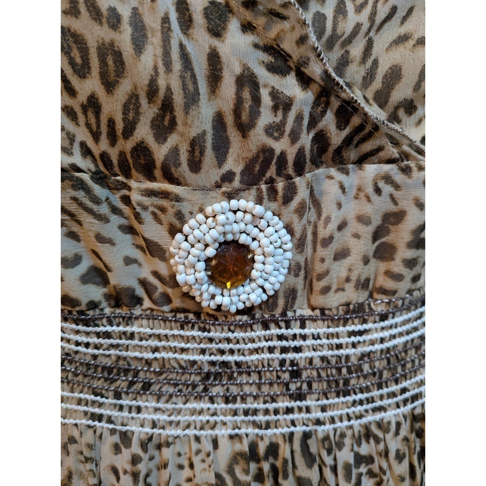 Boho Leopard Smocked Beads Chiffon Summer Ruffles Chiffon Flowy 1X Midi Dress