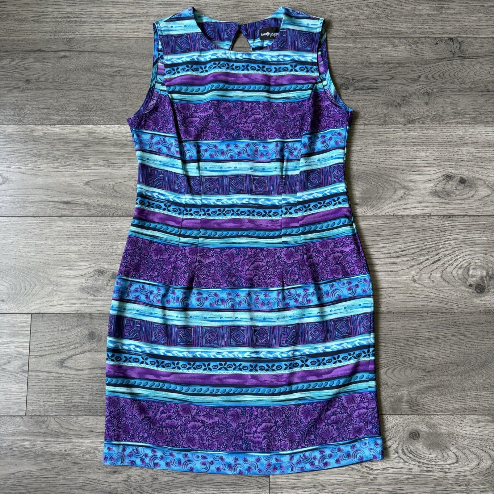 Sag Harbor Dress Vintage Blue/Purple Mixed Media Print Sheath – Petite 10 (10P)