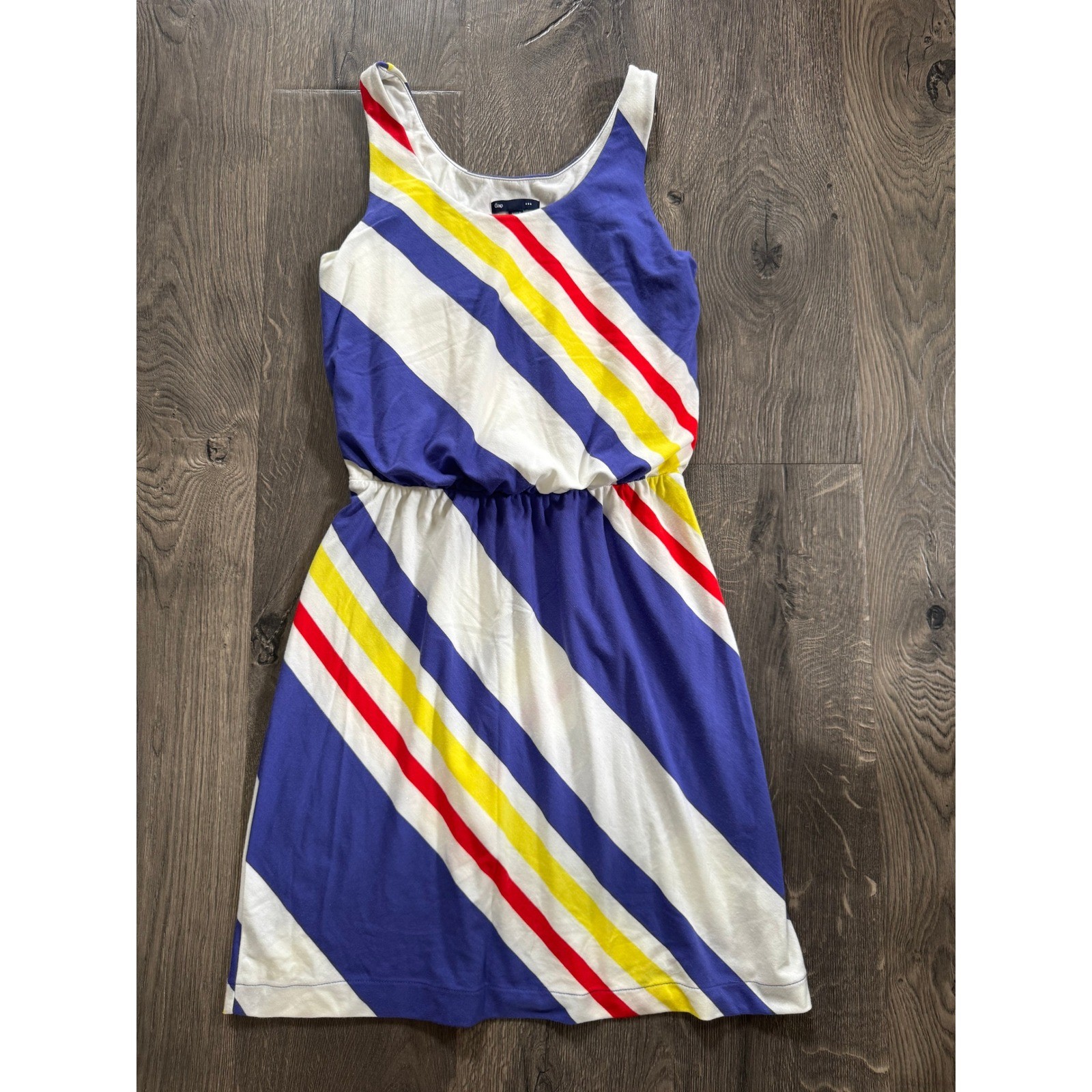 Gap Rome Stripe Dress Sz S Blue White Yellow Red Sleeveless Elastic Knee Above