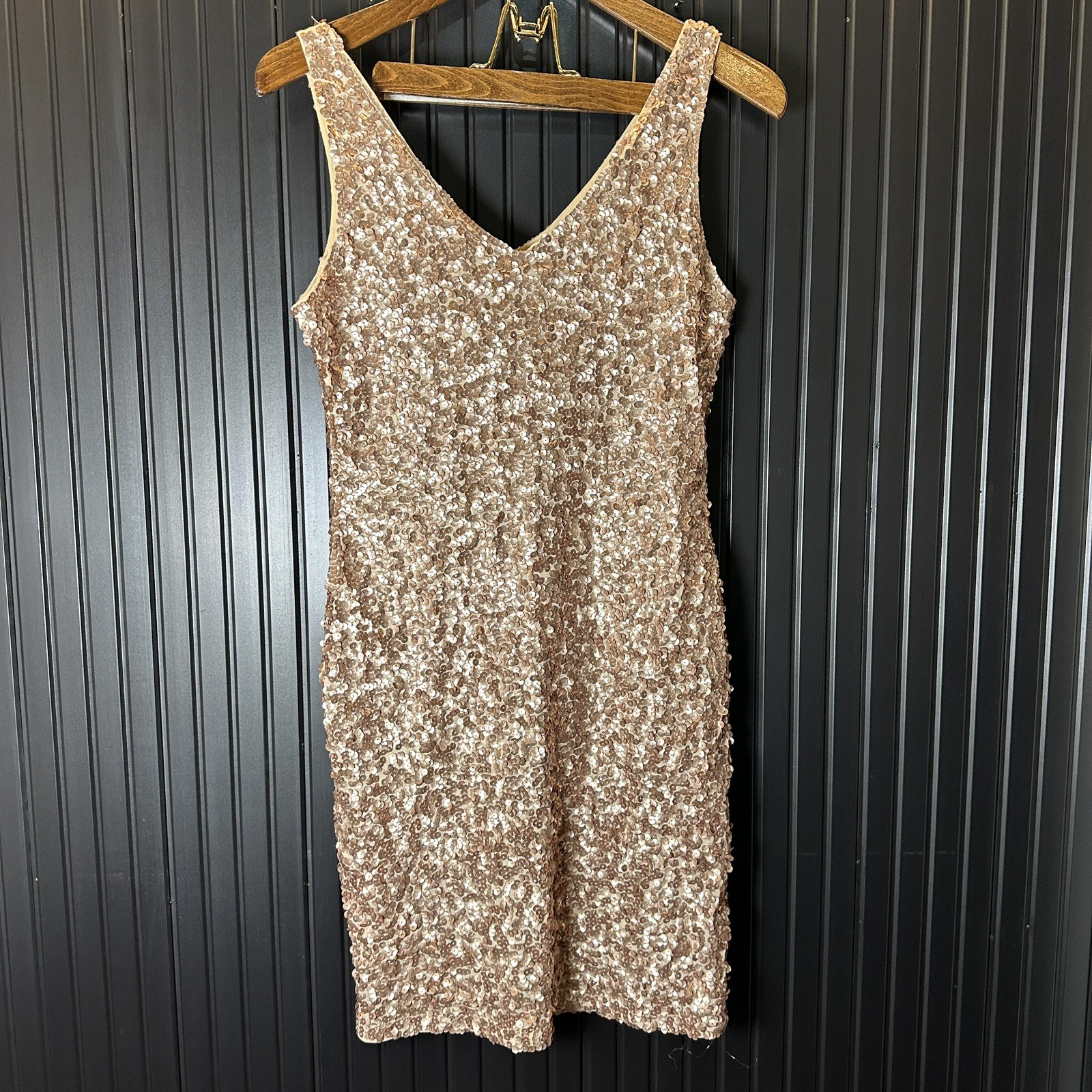 Pretty Guide Sparkly Tank Dress All-over Gold Sequins V-neck Size L Stretchy!