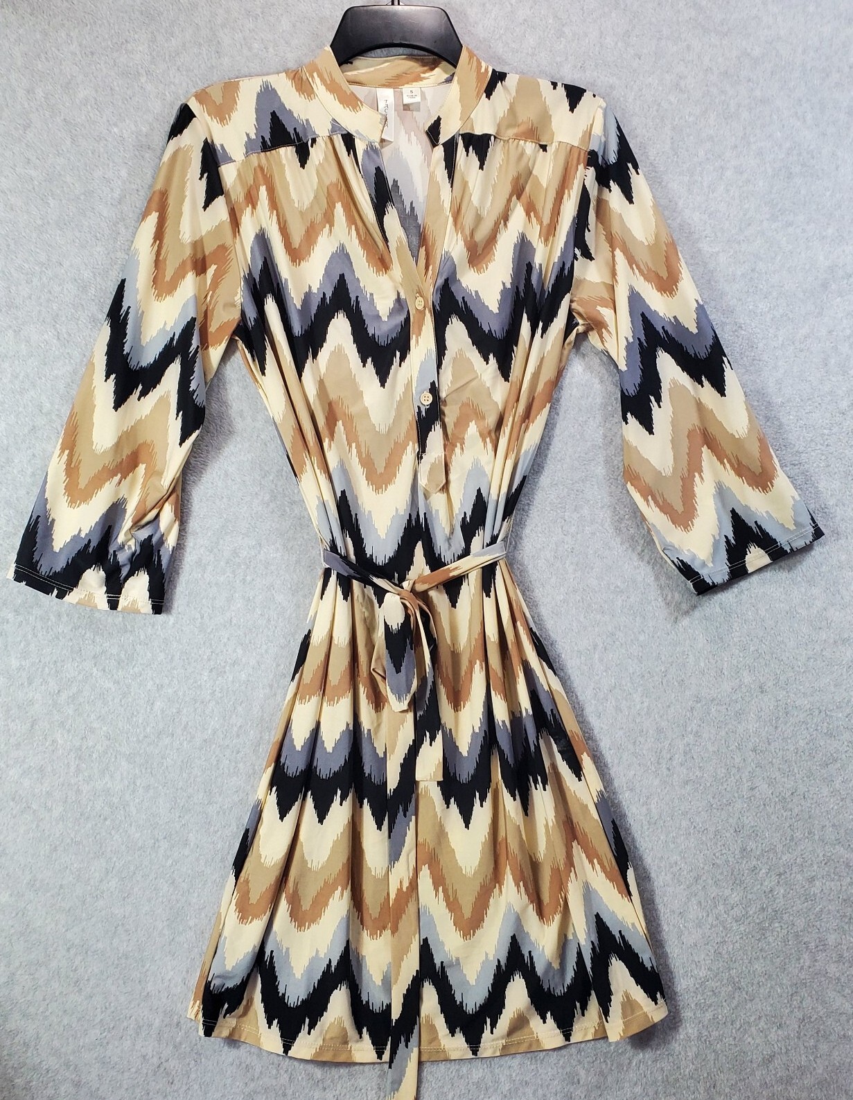 Tacera Dress Womens Small Beige Blue Black Chevron Pintuck Mandarin Collar