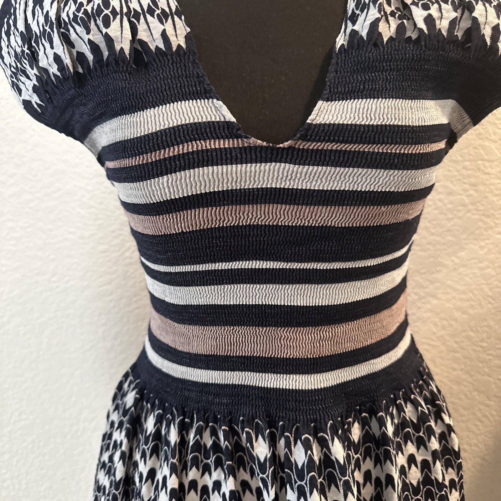 Max Edition Navy Pink Geo Stripe Fit Flare Stretch Dress Sz S