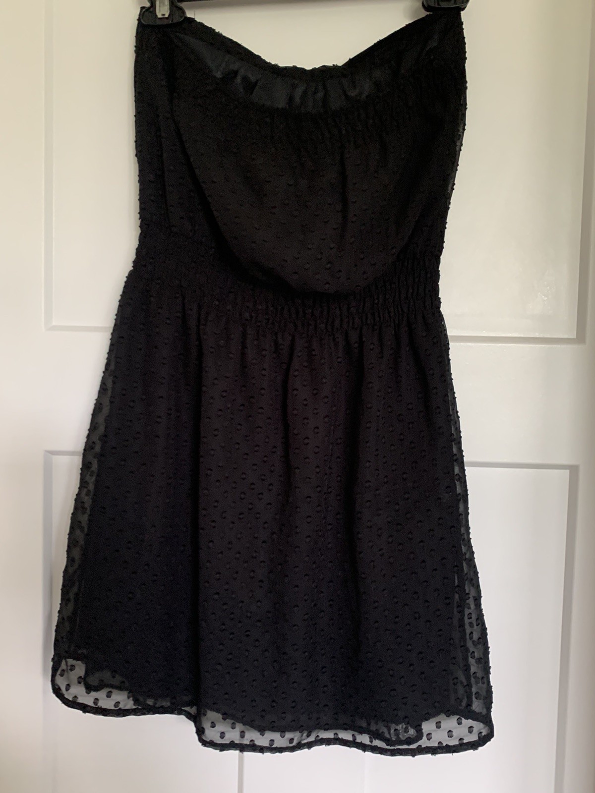Eyeshadow Women’s Size Small Black Strapless Swiss Dot Mini Dress Smocked Waist