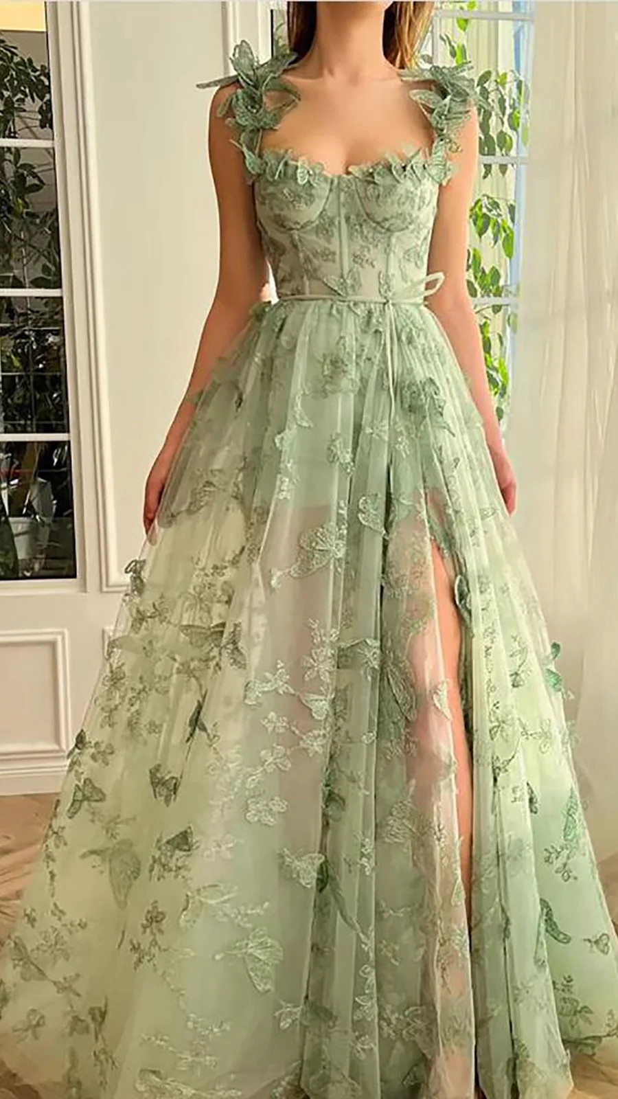 Forest Fairy Evening Gown Lace Mesh Modest Dress Thigh High Slit Long Dresses