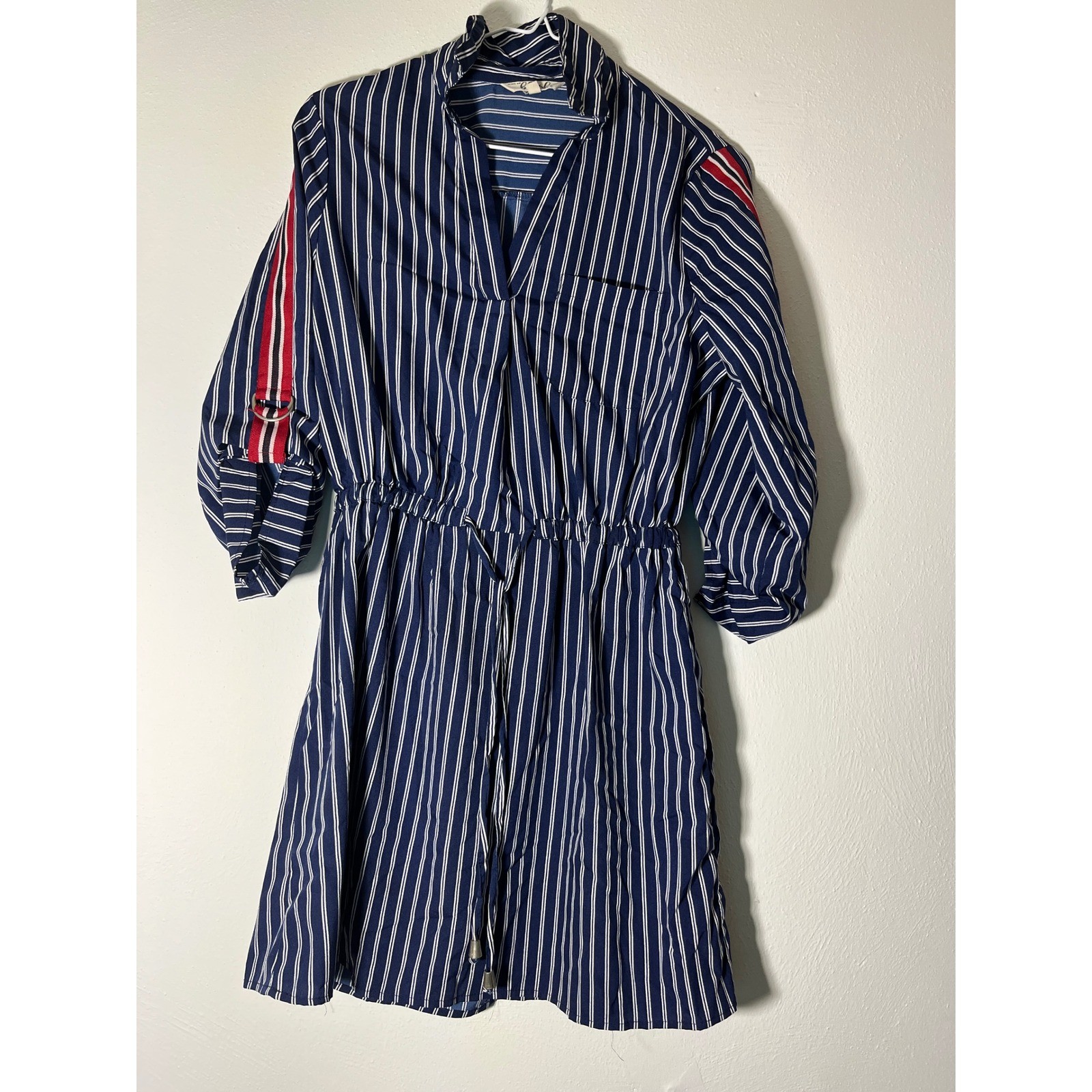 Hint of Blush Navy White Striped Shirt Dress Red Ribbon Sleeve Accent Medium