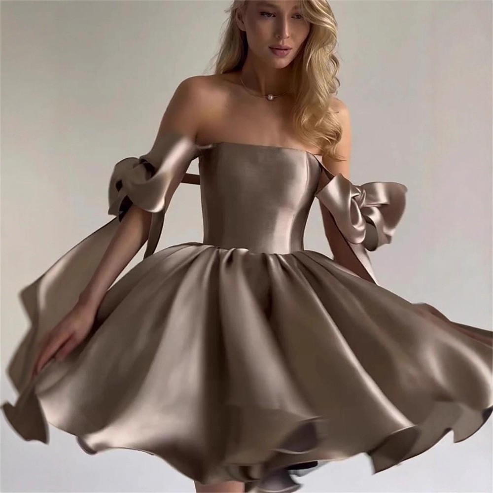 Satin Off Shoulder Mini Dress Corset Big Side Bow Ruffle Homecoming Party Gown