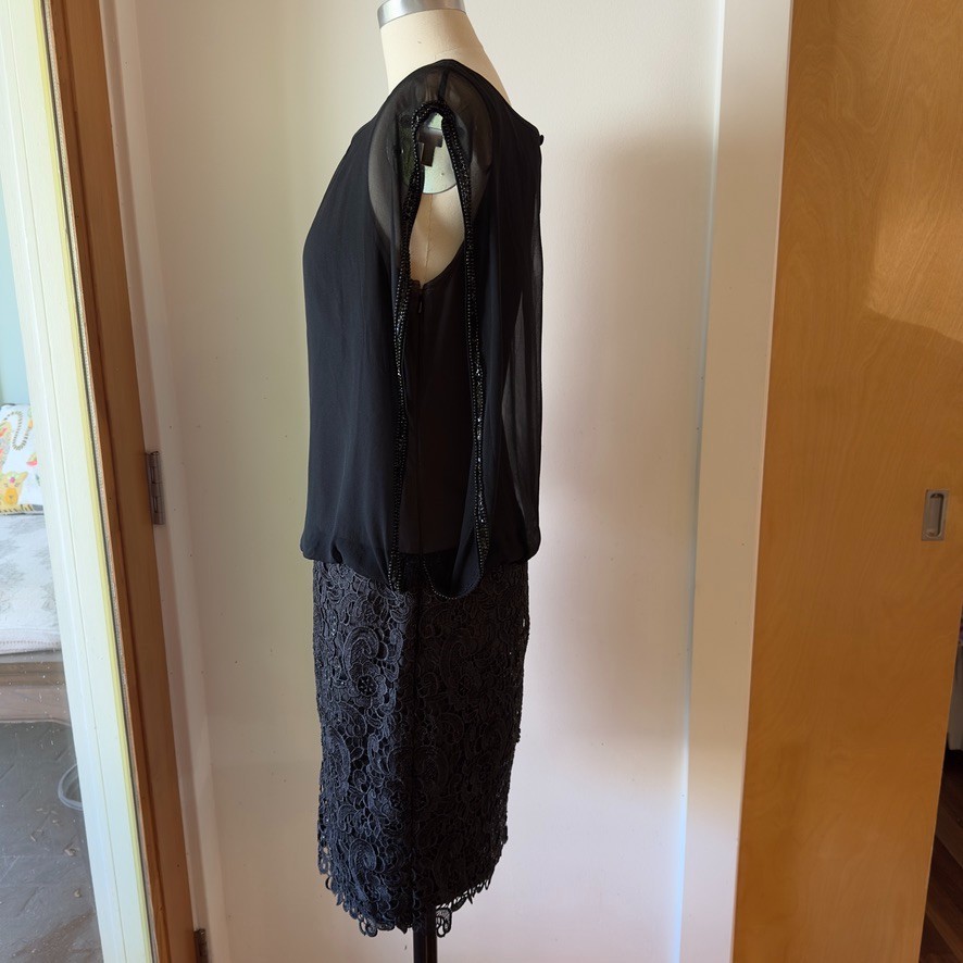 AIDAN MATTOX 100% SILK Chiffon Floral Lace Blouson Cocktail Mini Dress-Black-6