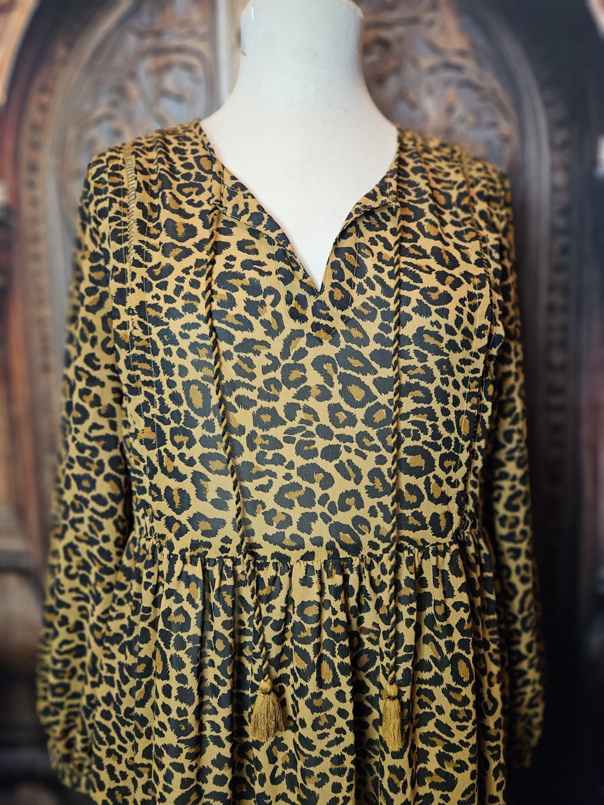 Time and Tru Dress L Silky Leopard Print Boho Hippie Peasant Babydoll Sundress