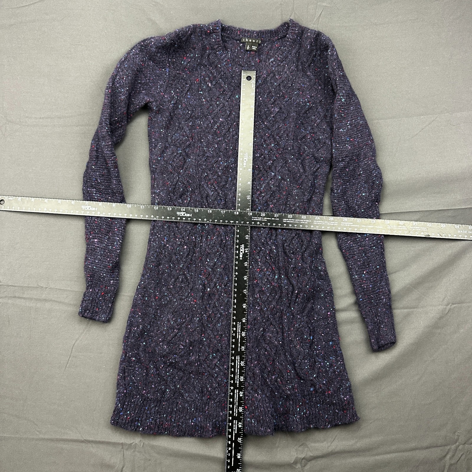 Theory Mayly Fleck Wool Sweater Dress Women’s Small Purple Cable Knit Crew Neck