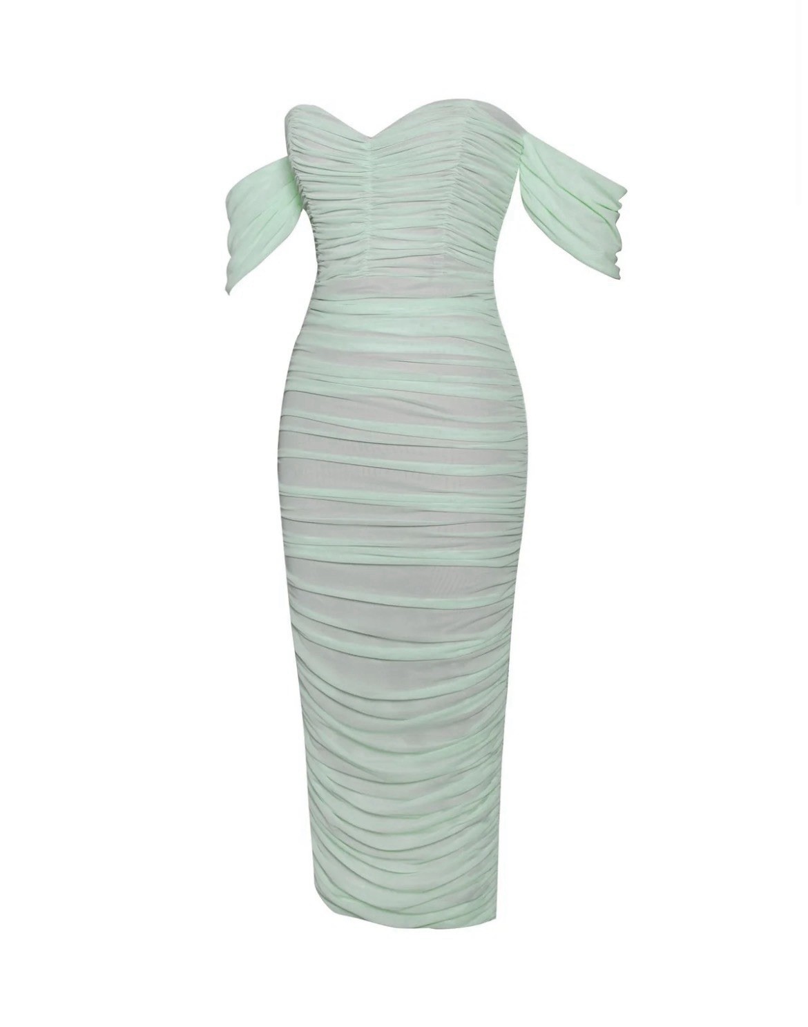 Womens Mint Green Off Shoulder Ruched Mesh Bodycon Midi Dress Size S Zip Closure