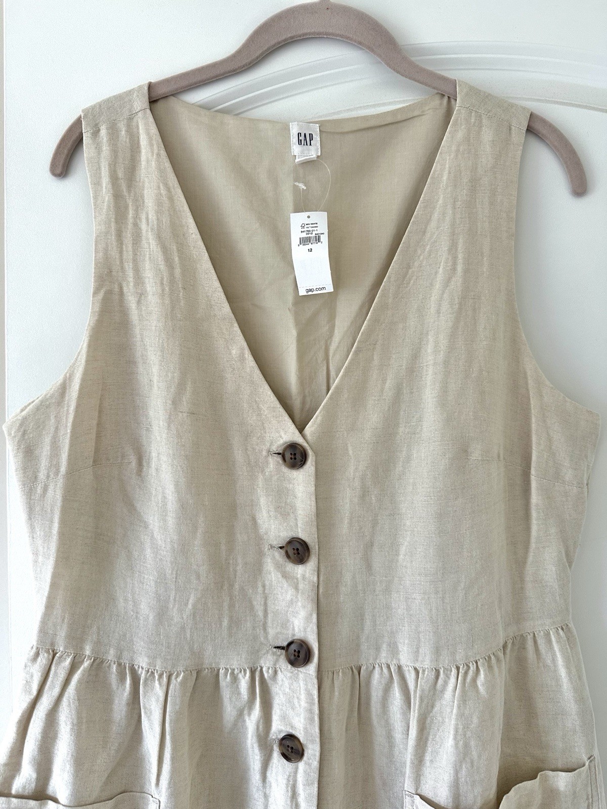 NEW Gap Linen Cotton Midi Sleeveless Button Dress Pockets 12 Tan Khaki Ivory LG