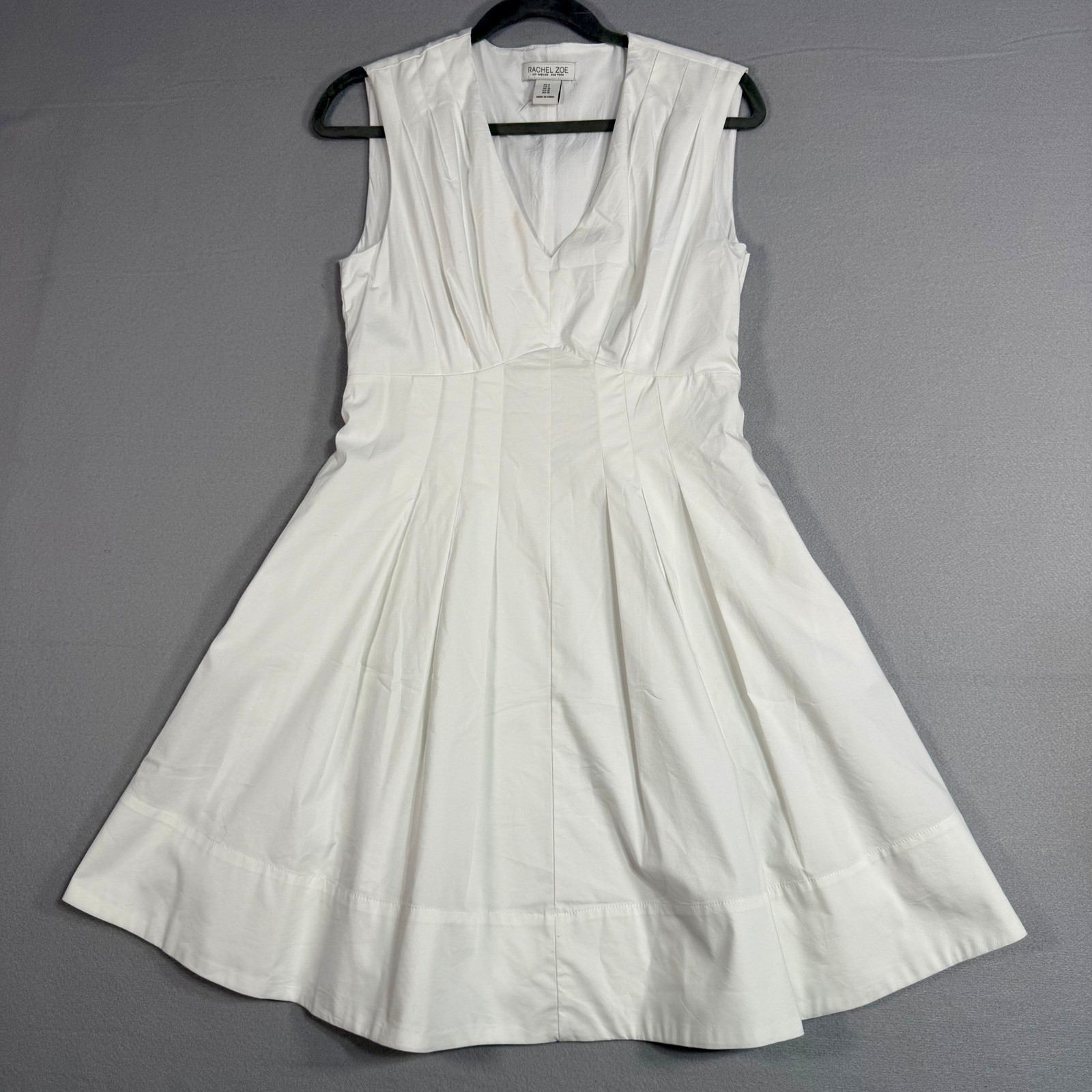 Rachel Zoe Fit and Flare Dress 6 White V-Neck Pleated Sleeveless Pockets Mini