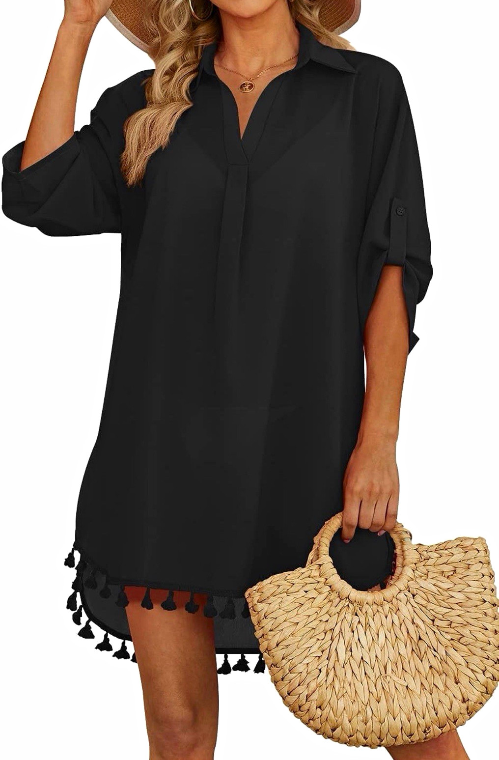 Black Solid Collared Pullover Shirt Dress 3/4 Sleeve Tassel Hem Short One Size