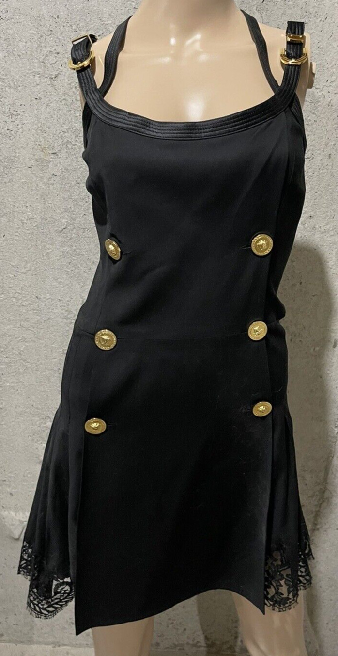 Versace Medusa Gold Logo Button Strappy Lace Side Black CocktaDress US 0 2 IT 36