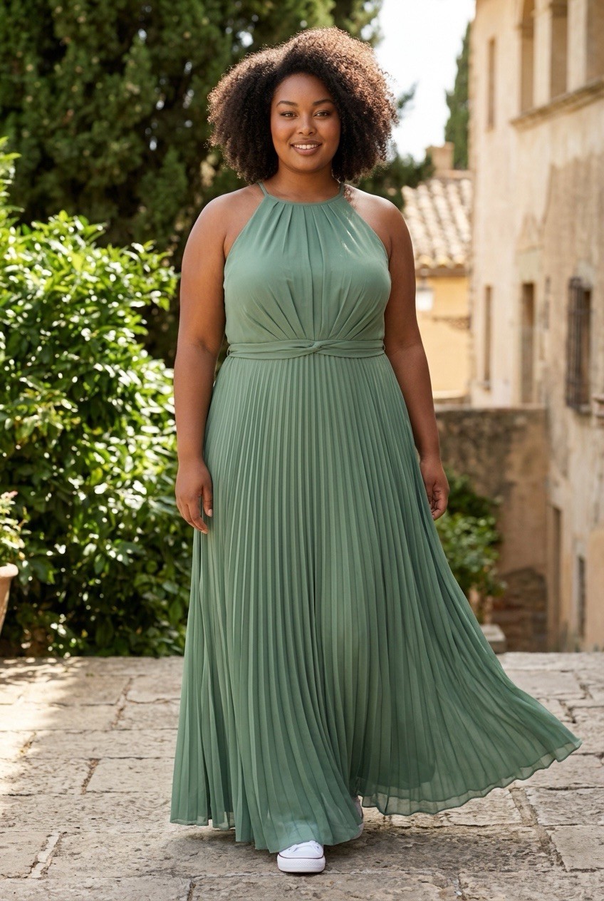 Womens Sage Green Chiffon Long Special Occasion Dress 24/26 Sleeveless Pleated