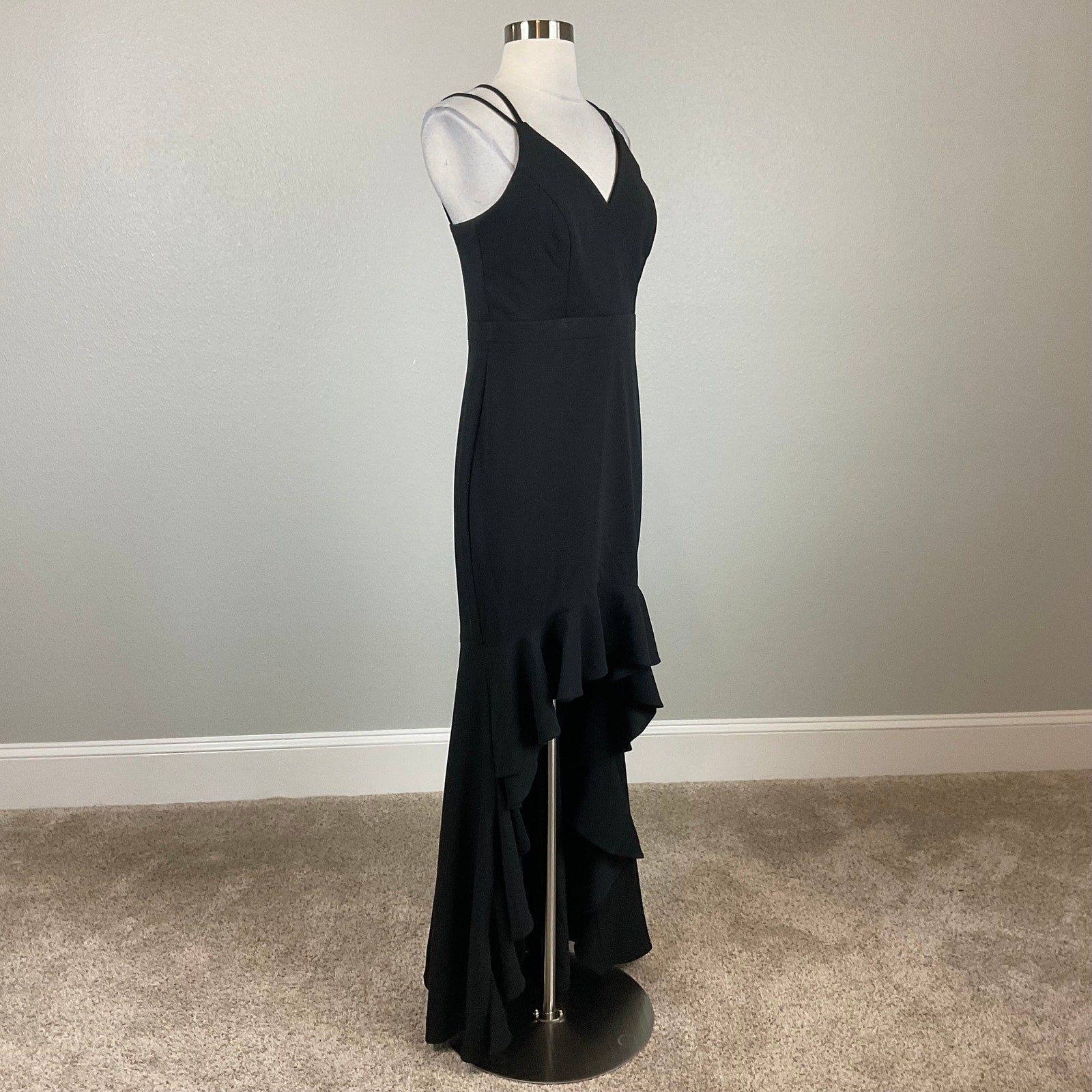 XSCAPE Black Evening Gown Ruffled High Low Sleeveless Sheath Dress Size 8