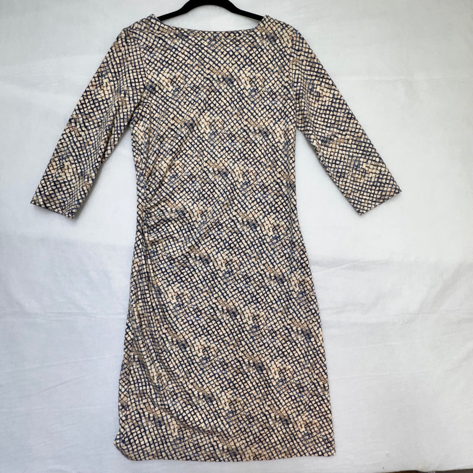 J.McLaughlin Blue Tan Snakeskin Ruched Sheath Dress 3/4 Sleeve Womens Medium