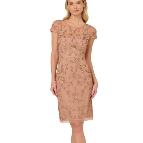 Adrianna Papell Rose Gold Nude Beaded Gown Dress Size 0 Wedding Prom Evening NWT