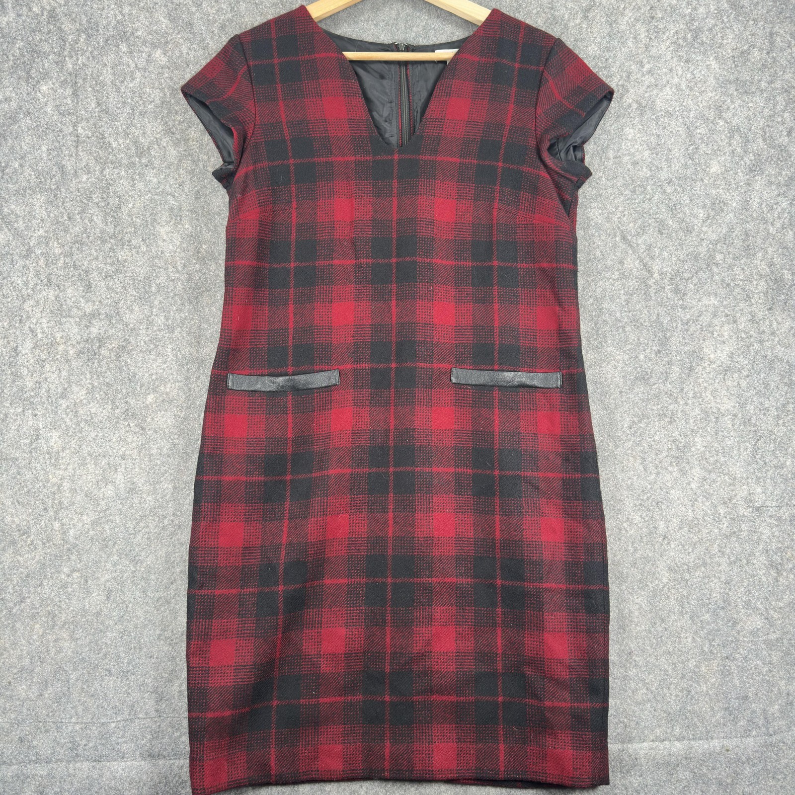L.L.Bean Signature Sheath Dress Womens 6 Red Plaid Wool Cap Sleeve Lined Pockets