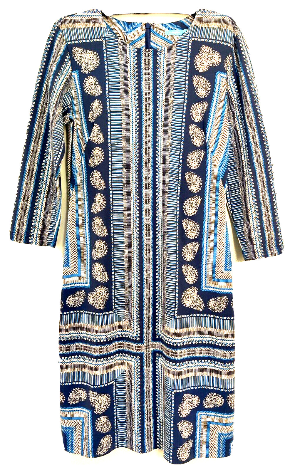 J. McLaughlin Dress Catalina Cloth Nylon Spandex NavyAquaBlue White Print Zipper