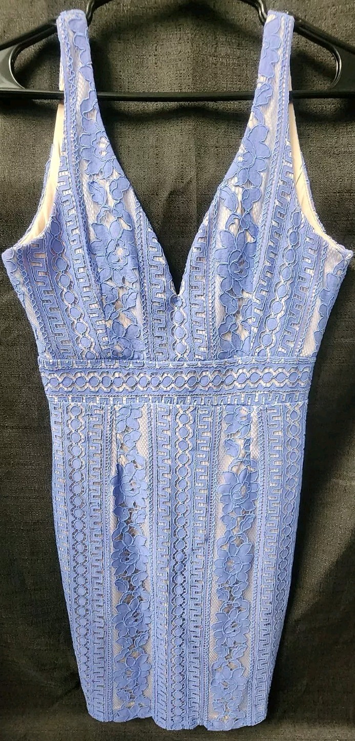 NWOT Selfie Leslie 3D Lace Dress Blue Lavender V Neck Cut Out Lined Sz Medium