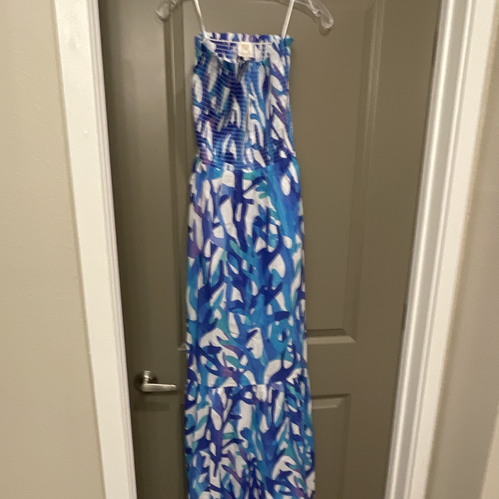 MILLY Womens Strapless Smocked Maxi Dress Abstract Blue White Purple Size M