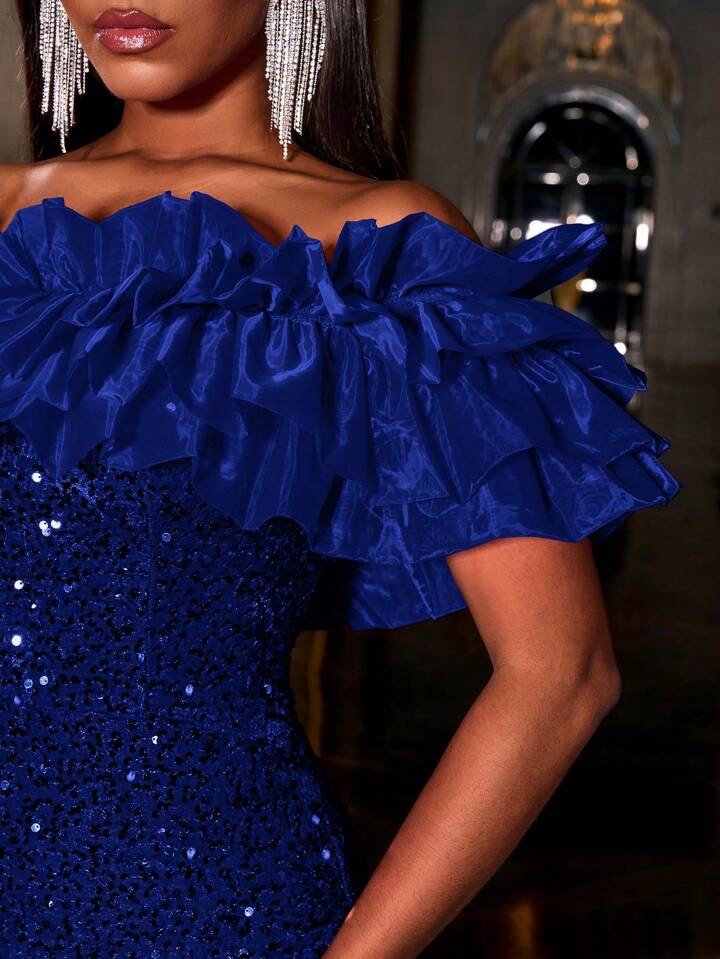 Layered Ruffle Trim Off Shoulder Sequin Mermaid Dress