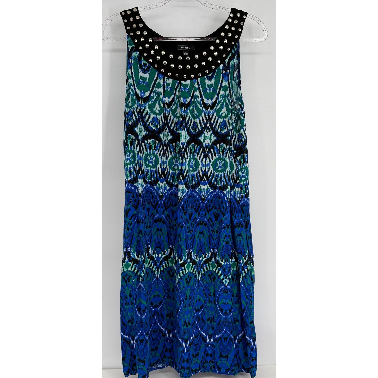 Elementz Women Blue Green Ikat Studded Neck Sleeveless Rayon Dress Sz XL