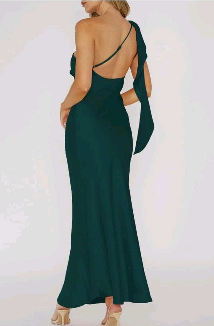 MOYNOTE Women One Shoulder Satin Midi Dress Forest Green Draped Cowl Neck Size S