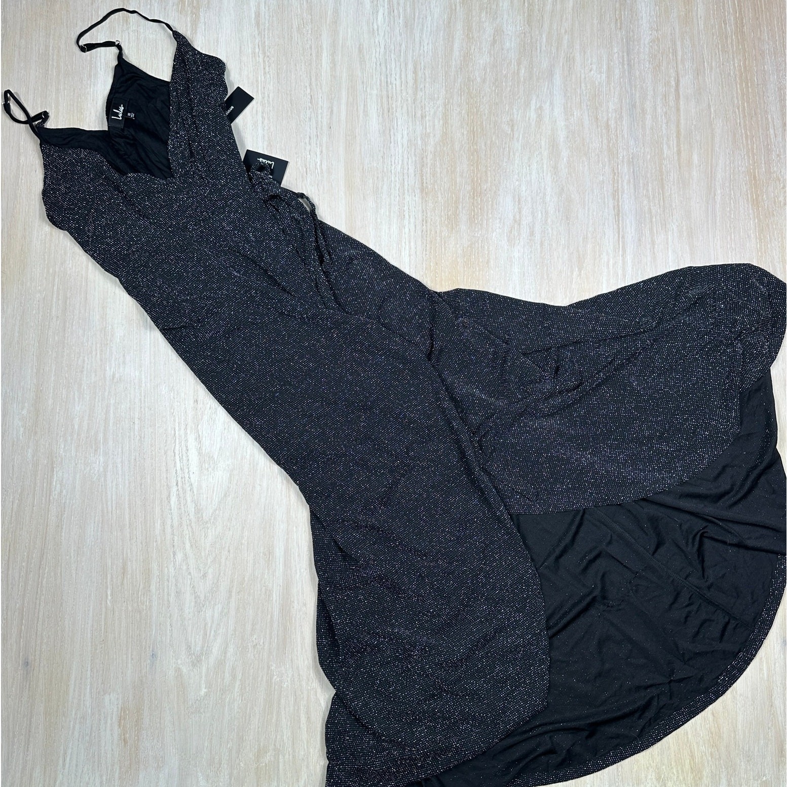 NWT Lulu’s Black Metallic Wrap Sparkly Holiday Shimmer Party NYE Maxi Dress XS