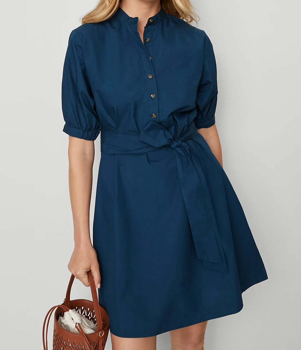 Ann Taylor Weekend Collection Stand Collar Belt Dress Sz Small Blue Pockets New