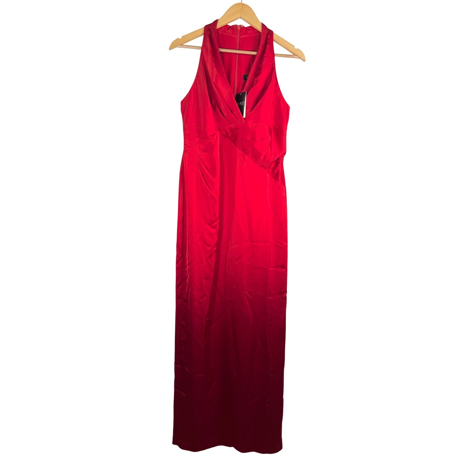 Lauren Ralph Lauren Pleated Satin Charmeuse Halter Gown red cocktail sz 6P