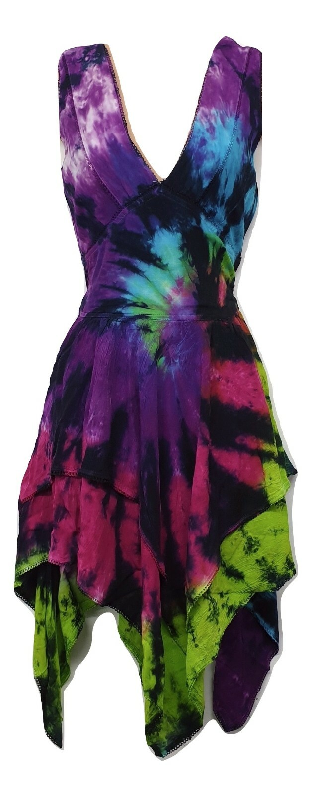 Boho Dress Tie Dye Summer Pixie Asymmetric Flowy Rayon One Size 8 10 12 14