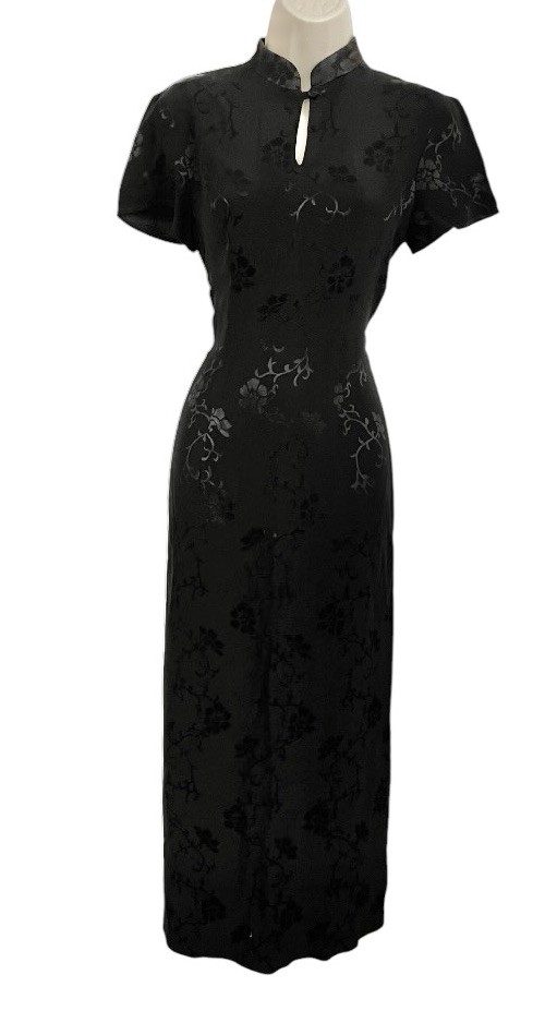 Blue Stem vintage floral satin embossed chiffon Chinese maxi gown women 10 black
