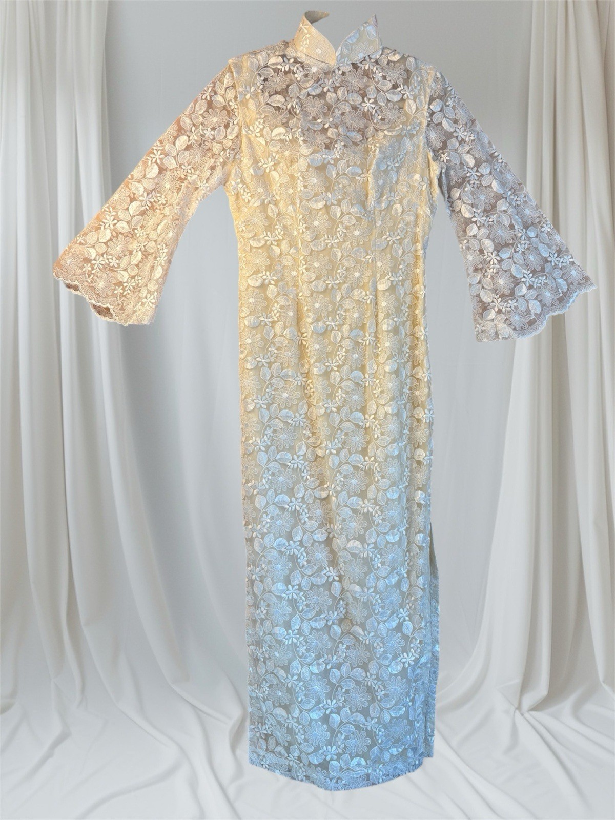 VTG Textured Floral Overlay Chinese Qipao Dress Cheongsam Maxi 70s Bridal Sz S