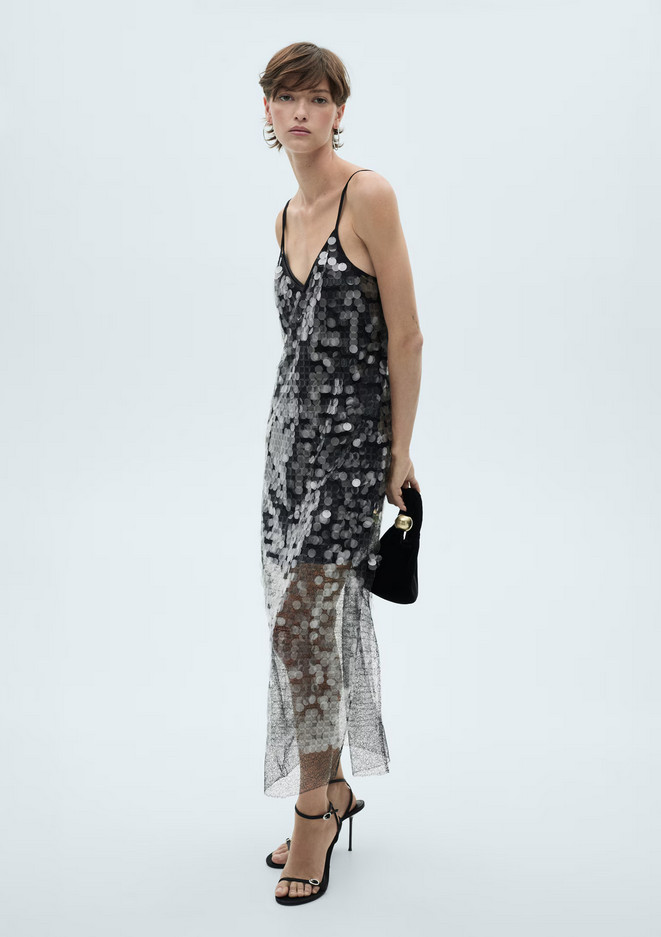 NEW MANGO SELECTION COLLECTION SEMI-TRANSPARENT PAILLETTE MAXI DRESS SZ S US 4