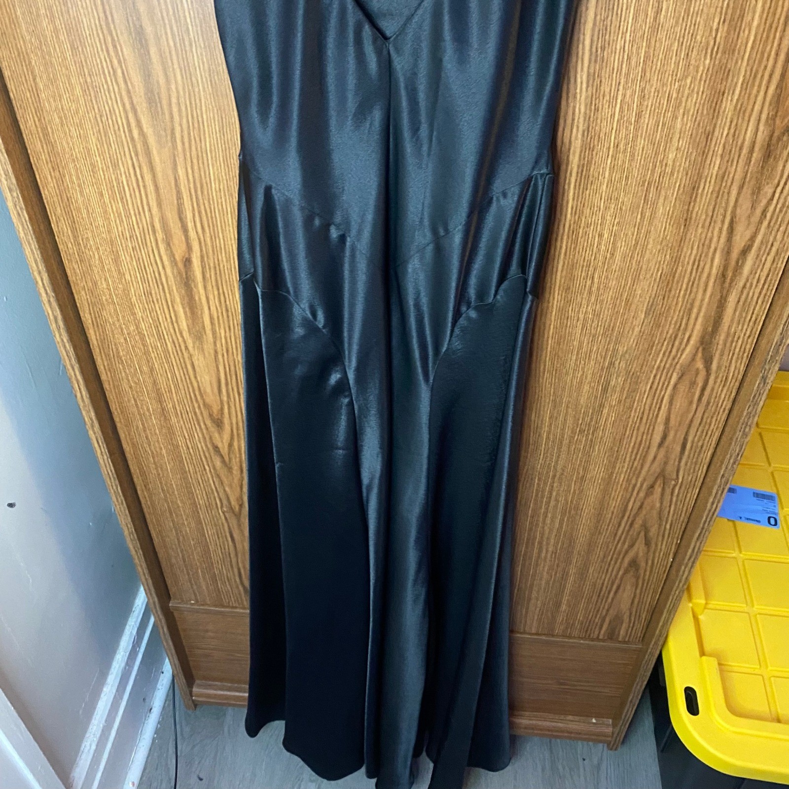 Moda International Maxi Dress Womens 2 Petite Black Satin V-Neck Spaghetti Strap