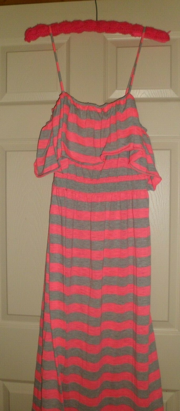 Women’s Miken Pink & Gray Striped Maxi Ruffle Top Empire Waist Dress Sz 2