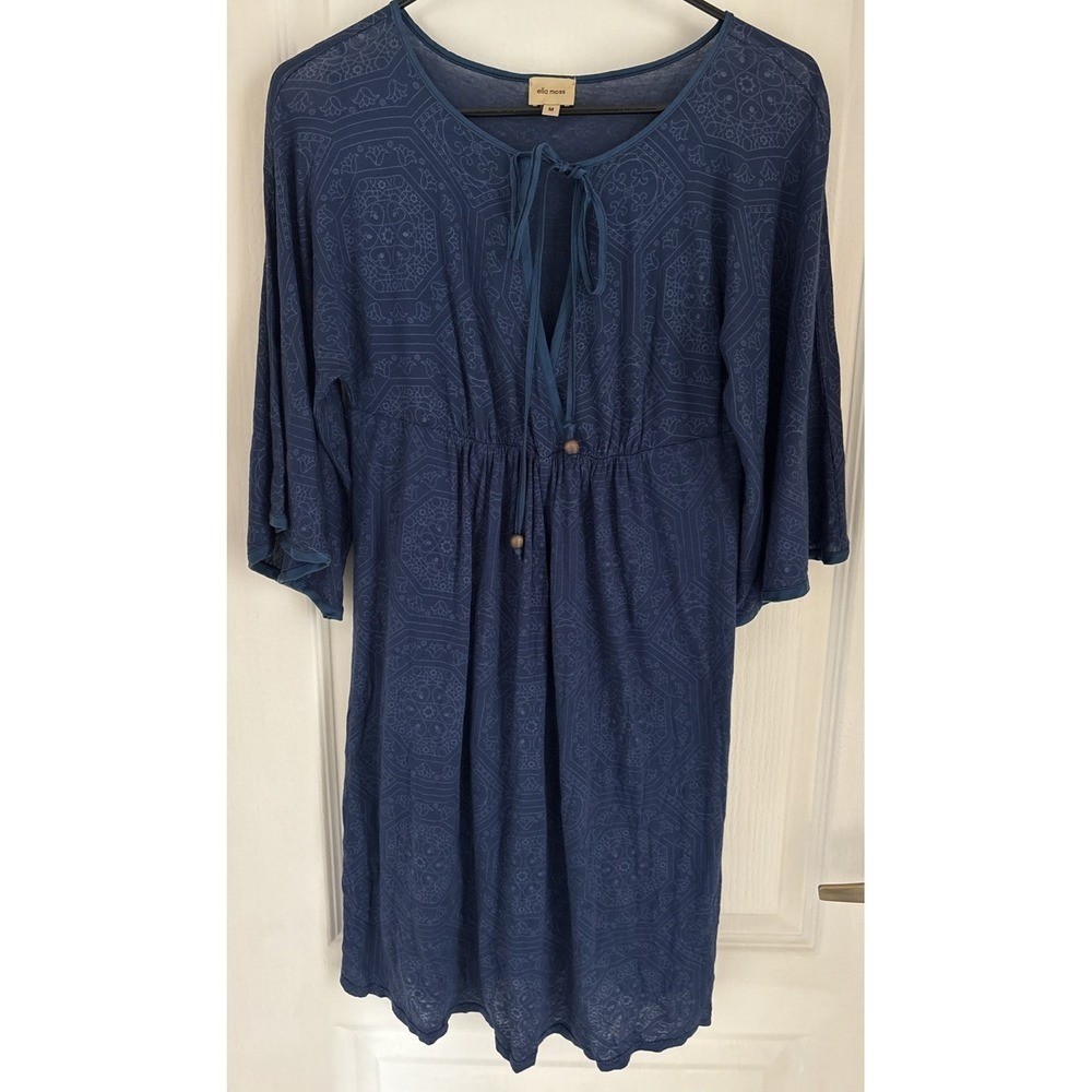 Y2K Ella Moss Boho Blue Fit and Flare Bell Sleeves Dress Keyhole Sz Medium