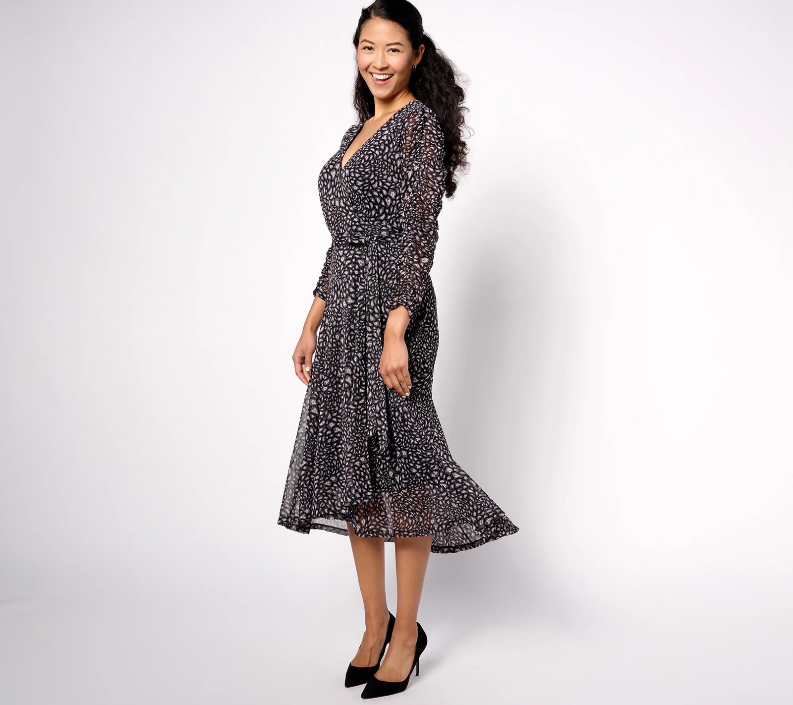 Susan Graver Occasions Reg Printed Mesh 3/4 Sleeve Midi Wrap Dress Grey Black L
