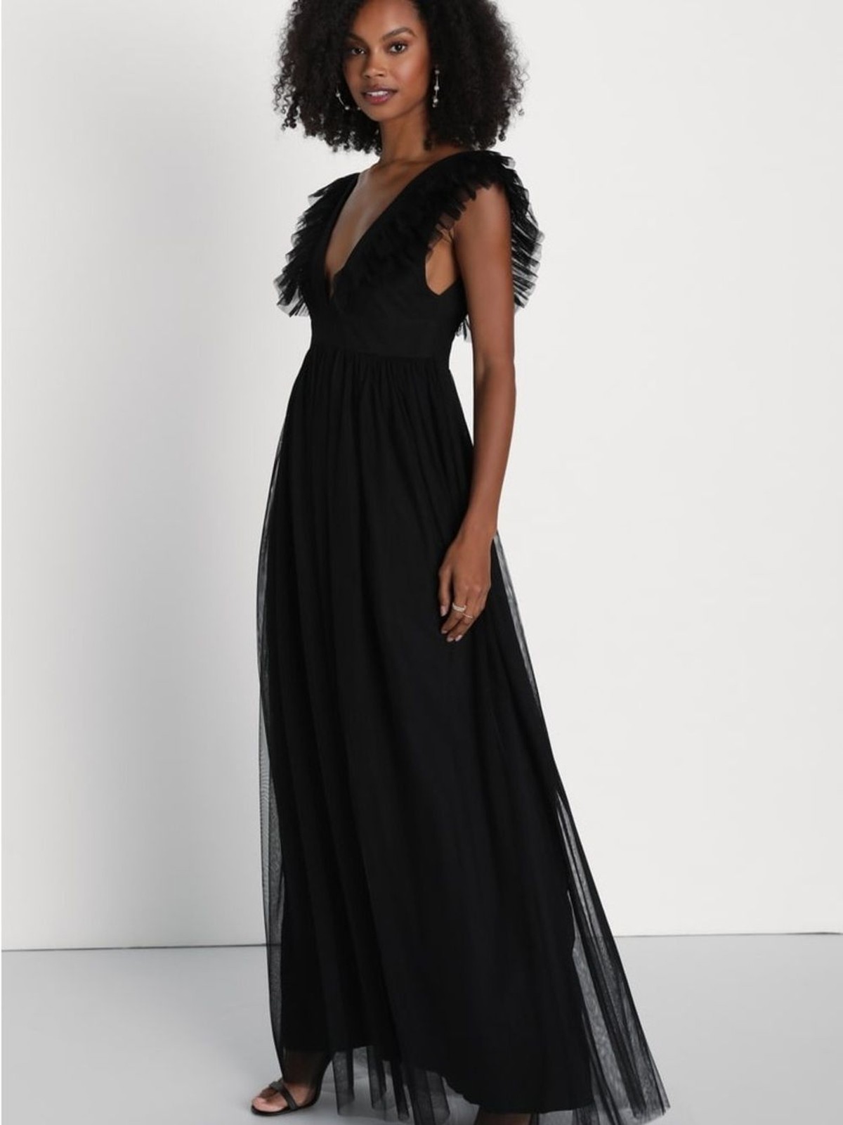 Lulus Simply Delighted Black Mesh Ruffled Backless Maxi Dress Size L NWT