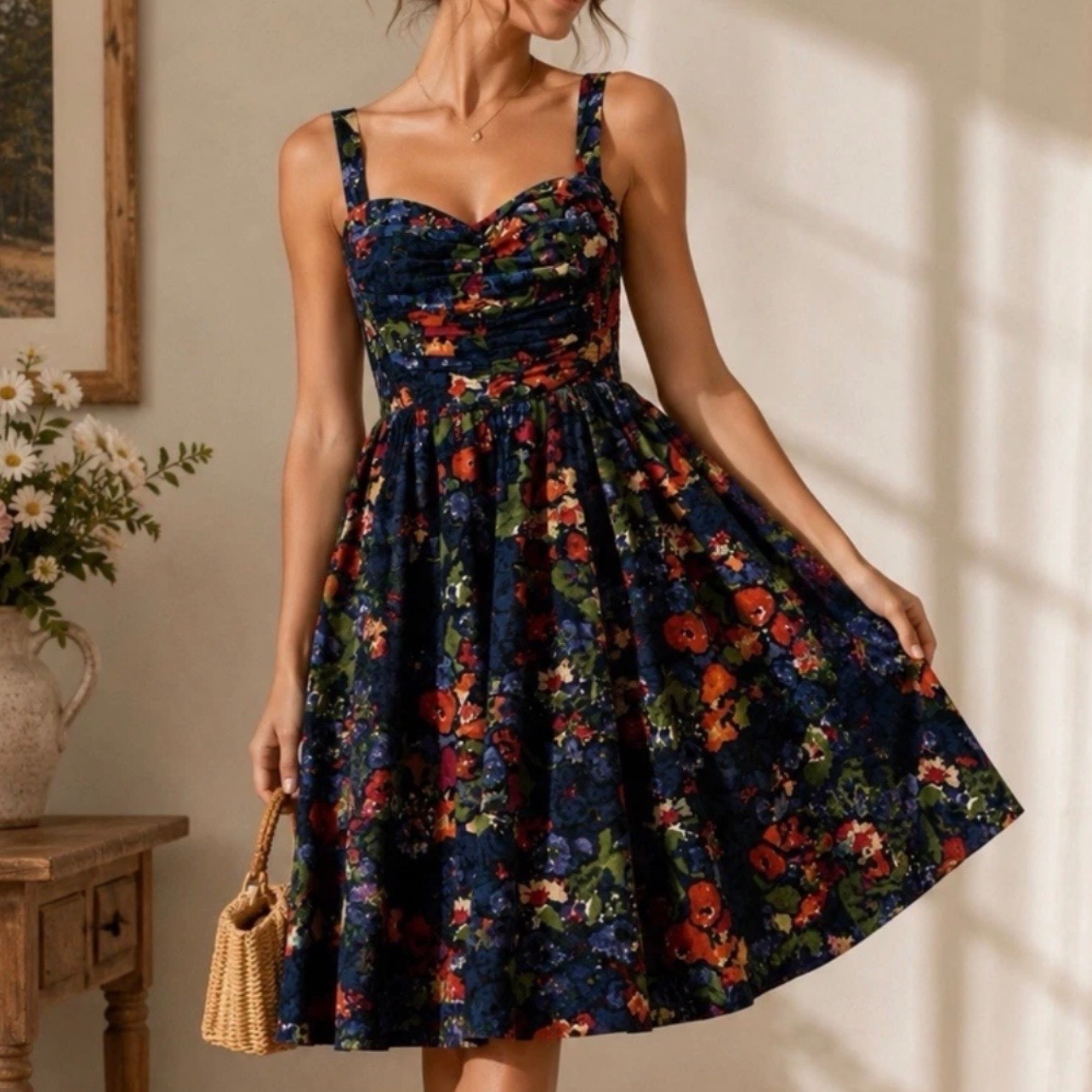 HD in Paris Anthropologie Floral Corduroy Fit Flare Dress Ruched Smocked 02