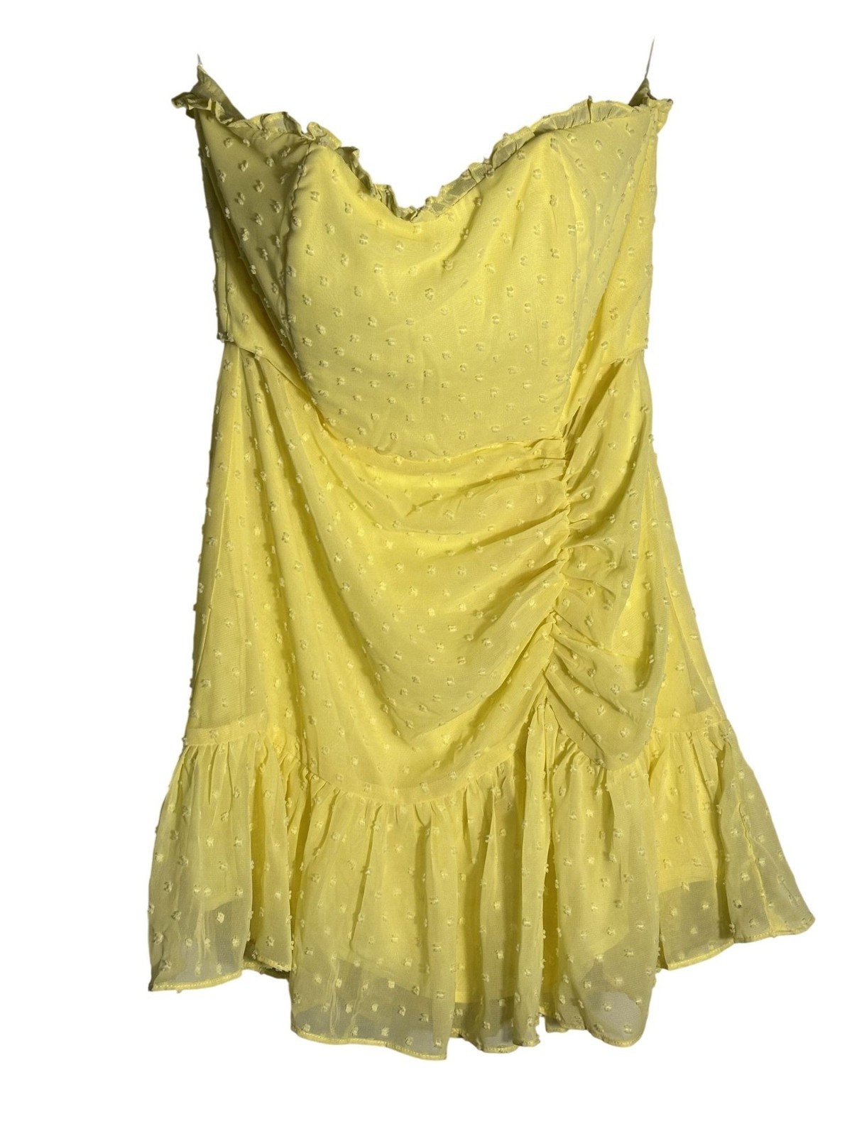 Hello Molly Face On Magazines Strapless Yellow Mini Dress Ruffle Hem Ruching