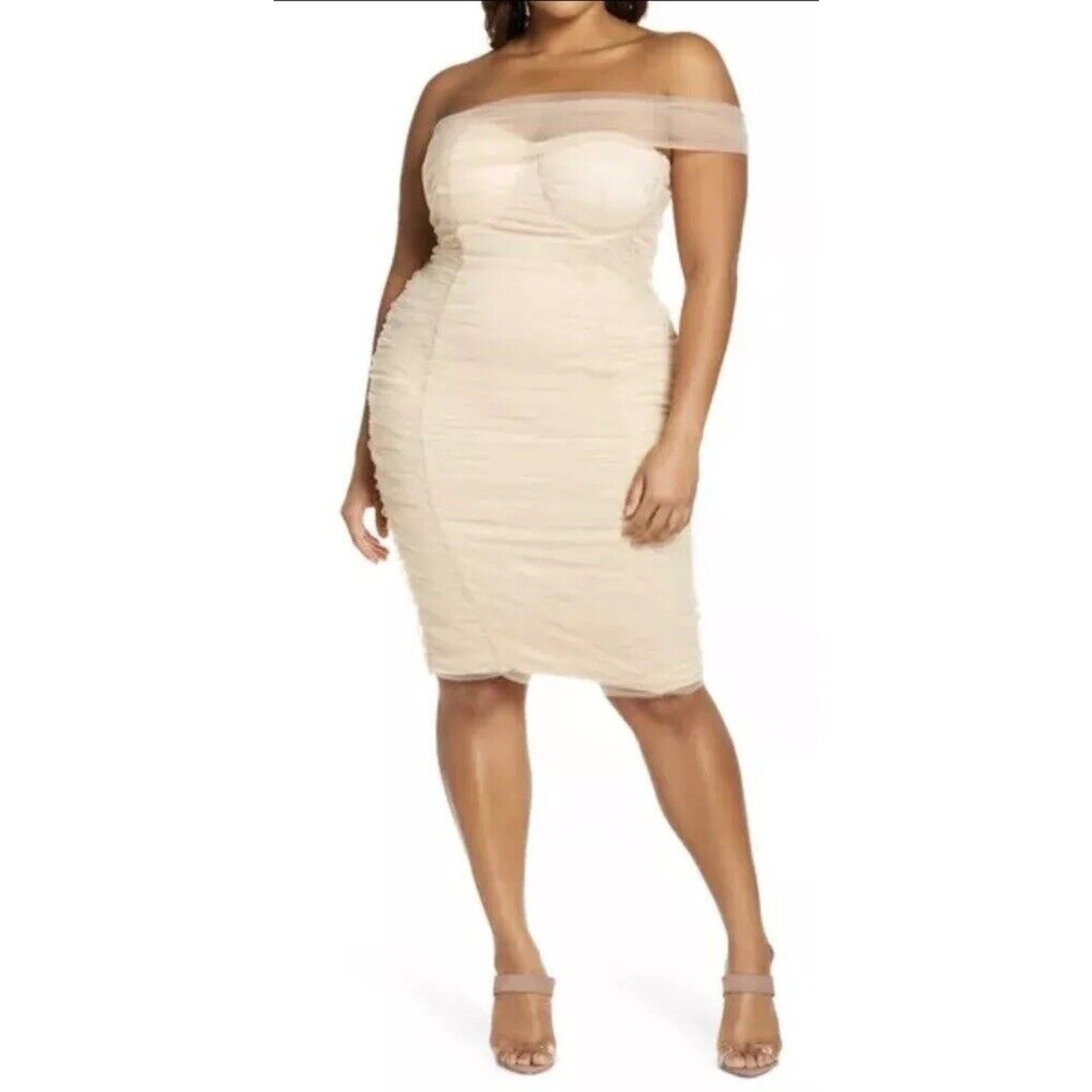 Lavish Alice Ruched Tulle Strapless Sheath Dress Champagne Beige Sz 14 NWT $140