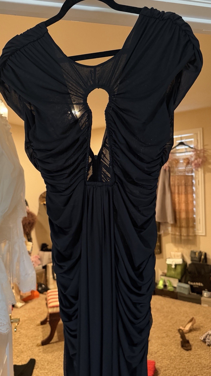 Women’s Black Ruched Mesh Cutout Maxi Dress Sheer Bodycon Evening Gown