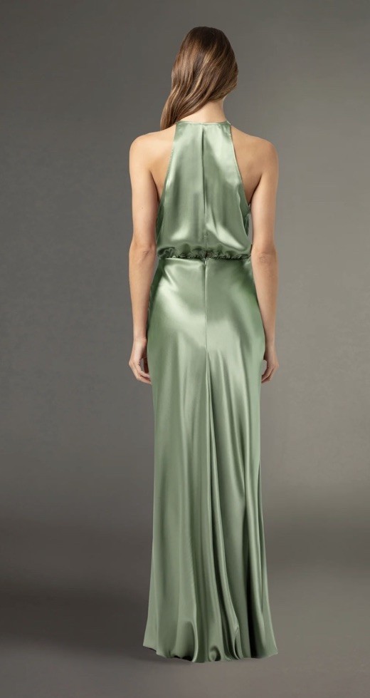Michelle Mason Green Silk Satin V-Neck Sleeveless Maxi Dress Zip Closure 4