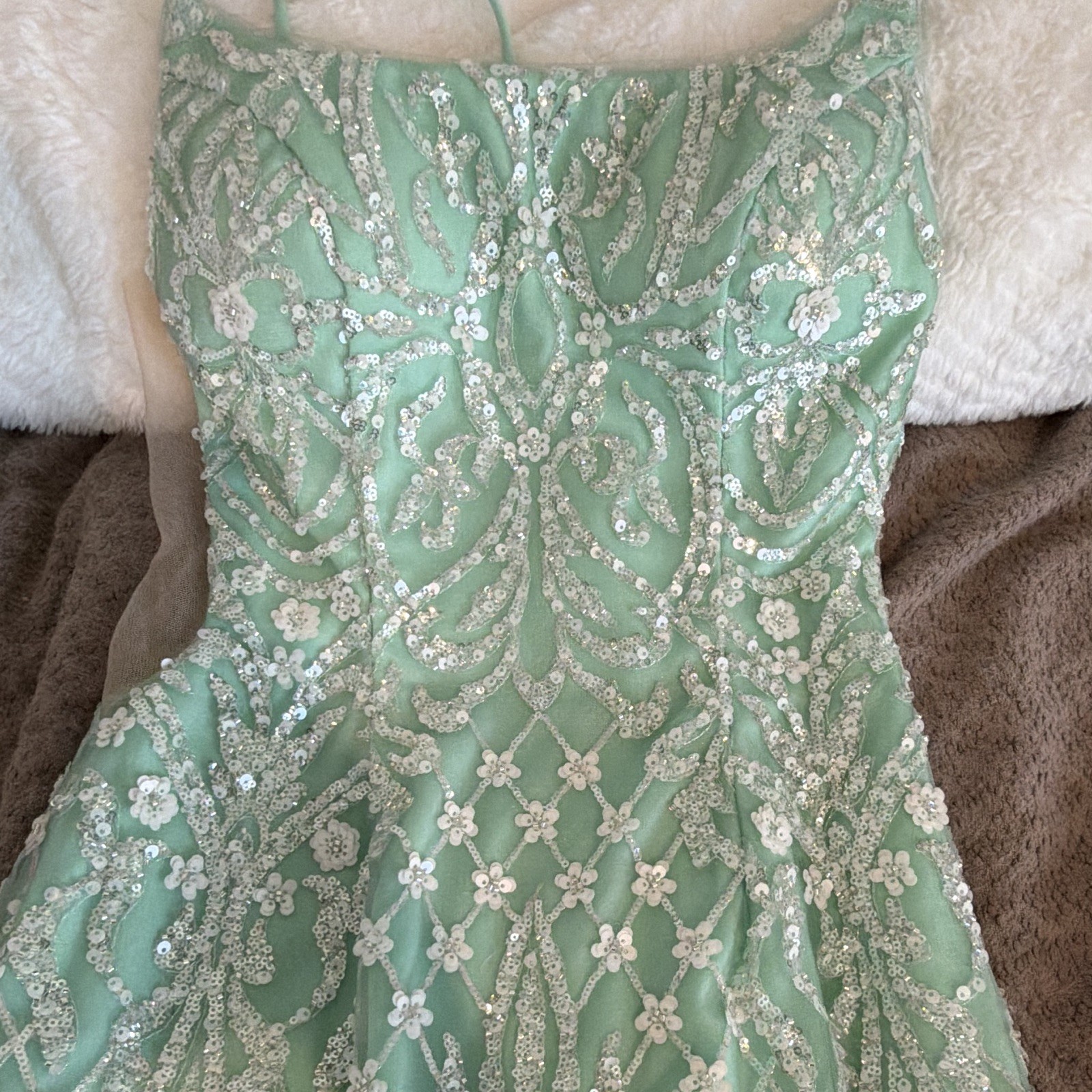 A’Naber Green Sequin Mesh Bodycon Mini Dress Square Neck Lace-Up Back 6