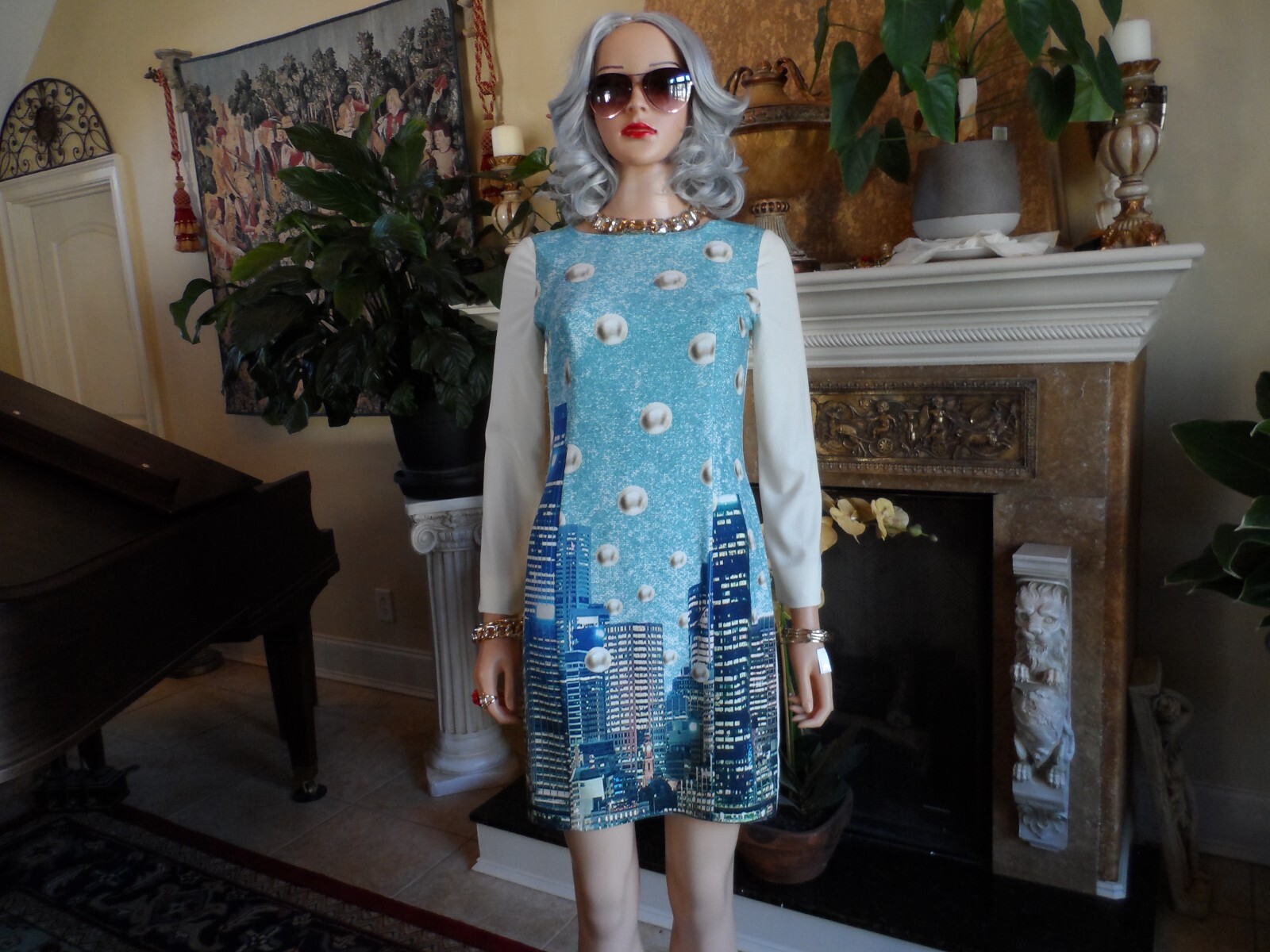 Moschino CheapandChic Ivory/Light Blue City Skyline Print A Line Dress Size 6